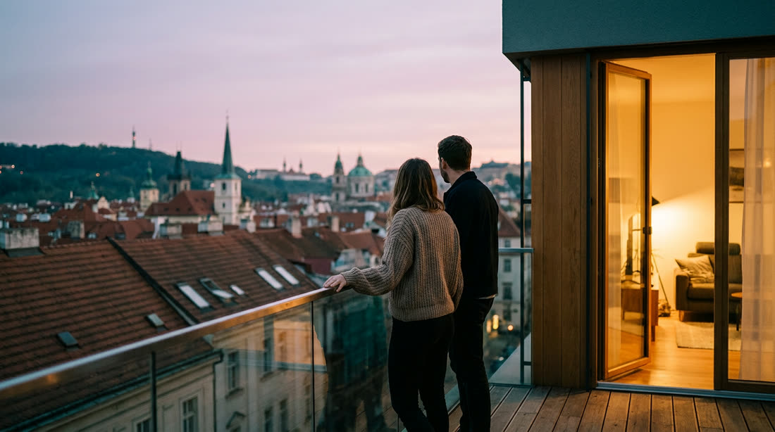 Cuplu pe balconul unui apartament nou, privind orașul la apus