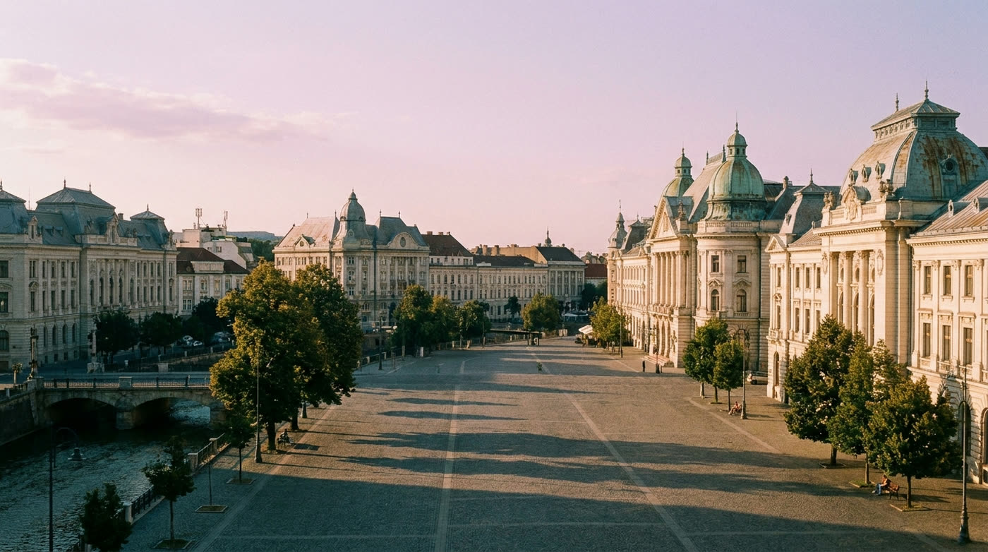 Piața centrală din Oradea, la apus